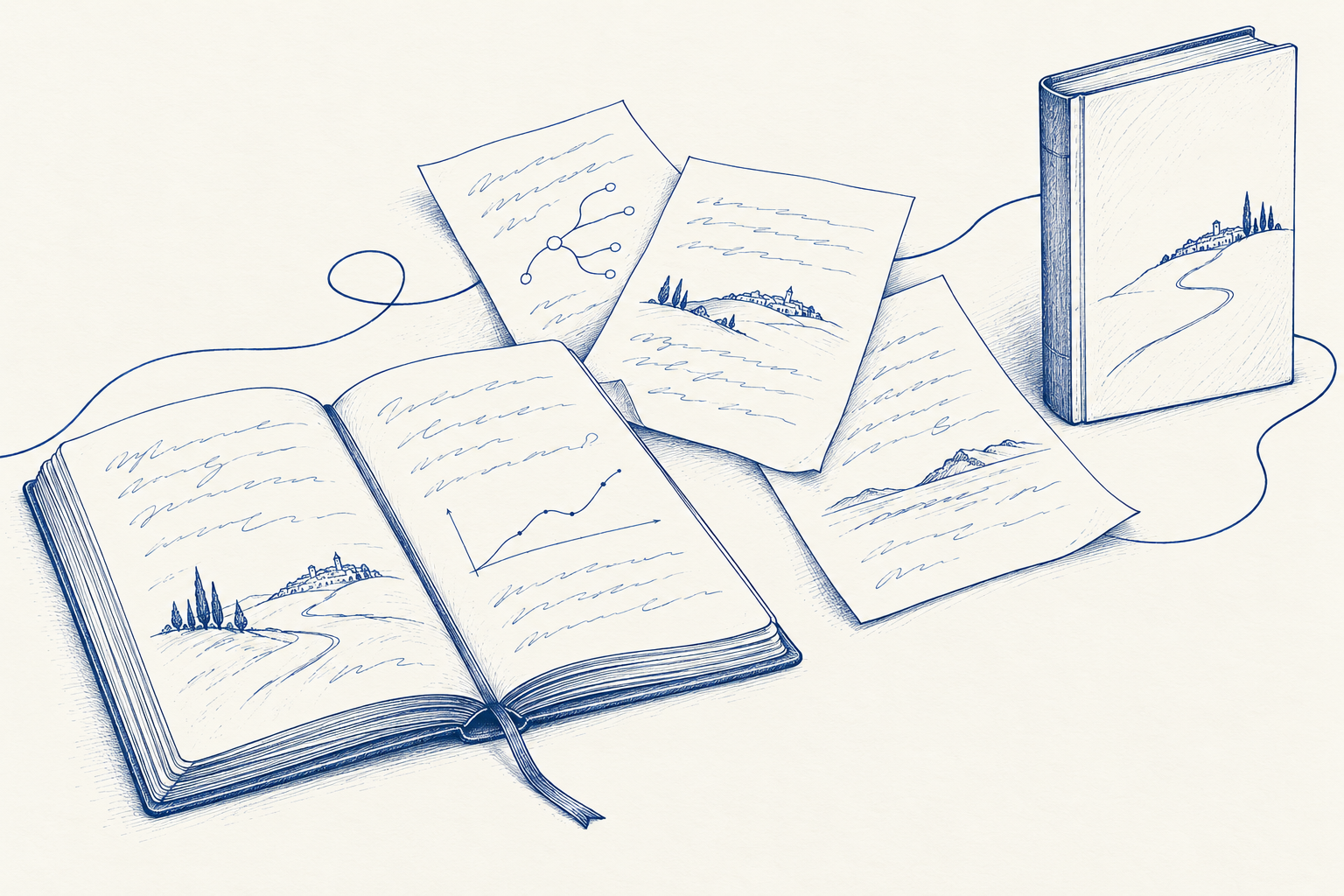 Blue pen-and-ink illustration of an open notebook, loose manuscript pages and an upright book linked by a winding line, with small diagrams and landscapes on the pages.