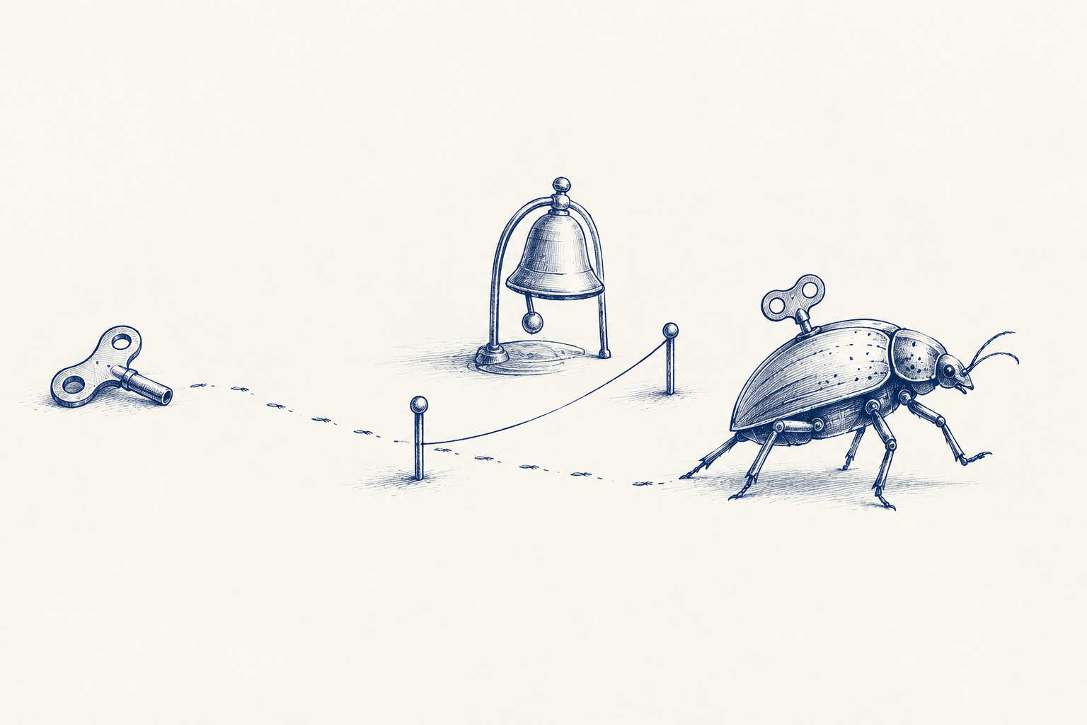 Blue ink illustration of a wind-up beetle walking past a low rope barrier, with a bell and a loose winding key behind it.