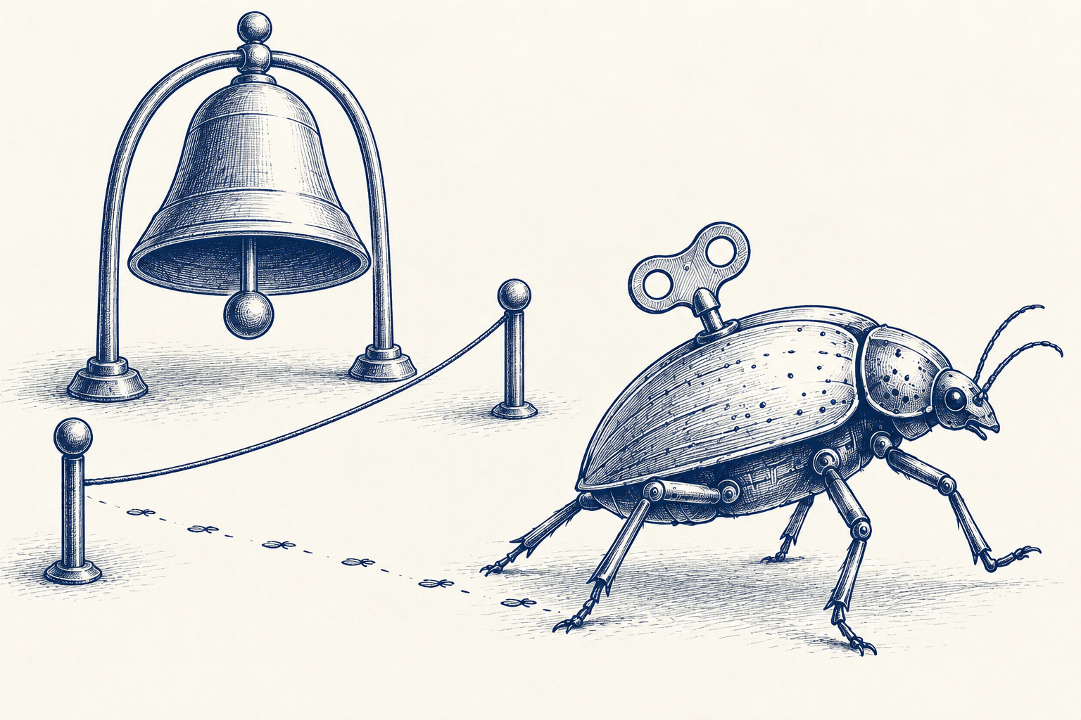Blue pen-and-ink illustration of a wind-up beetle walking beyond a low rope barrier, with one key attached to its back and a bell with a central hanging clapper behind it.